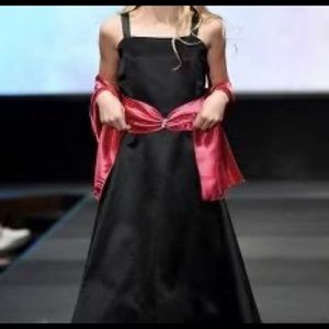 Black Satin Strap Gown with Embellished Ribbon- KTG